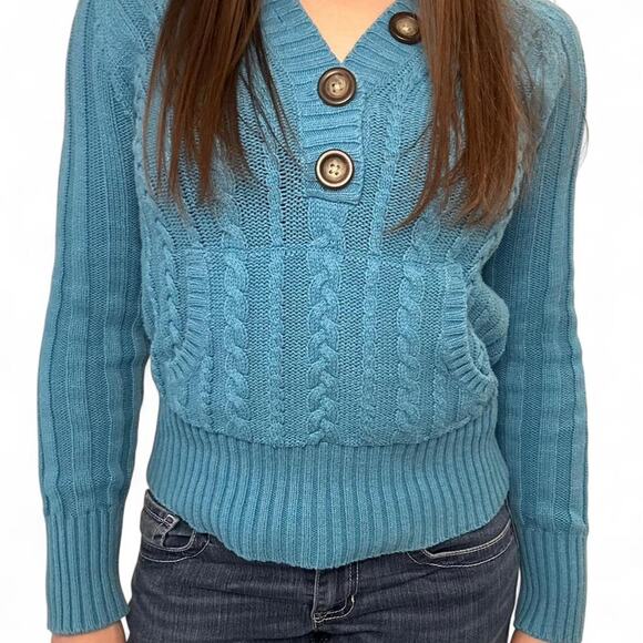 2000s Aeropostale Blue Cable Knit Hooded Henley Sweater – Modern S (Tagged L) - Picture 4 of 5